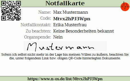 Notfallkarte mit Code